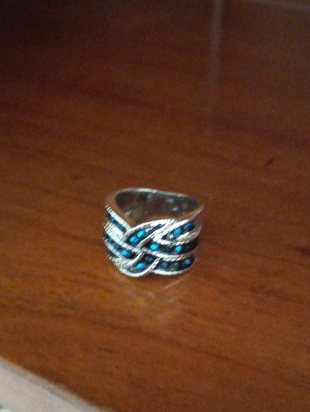 Silver Tone Woven Criss Cross Blue Rhinestone Statement Ring